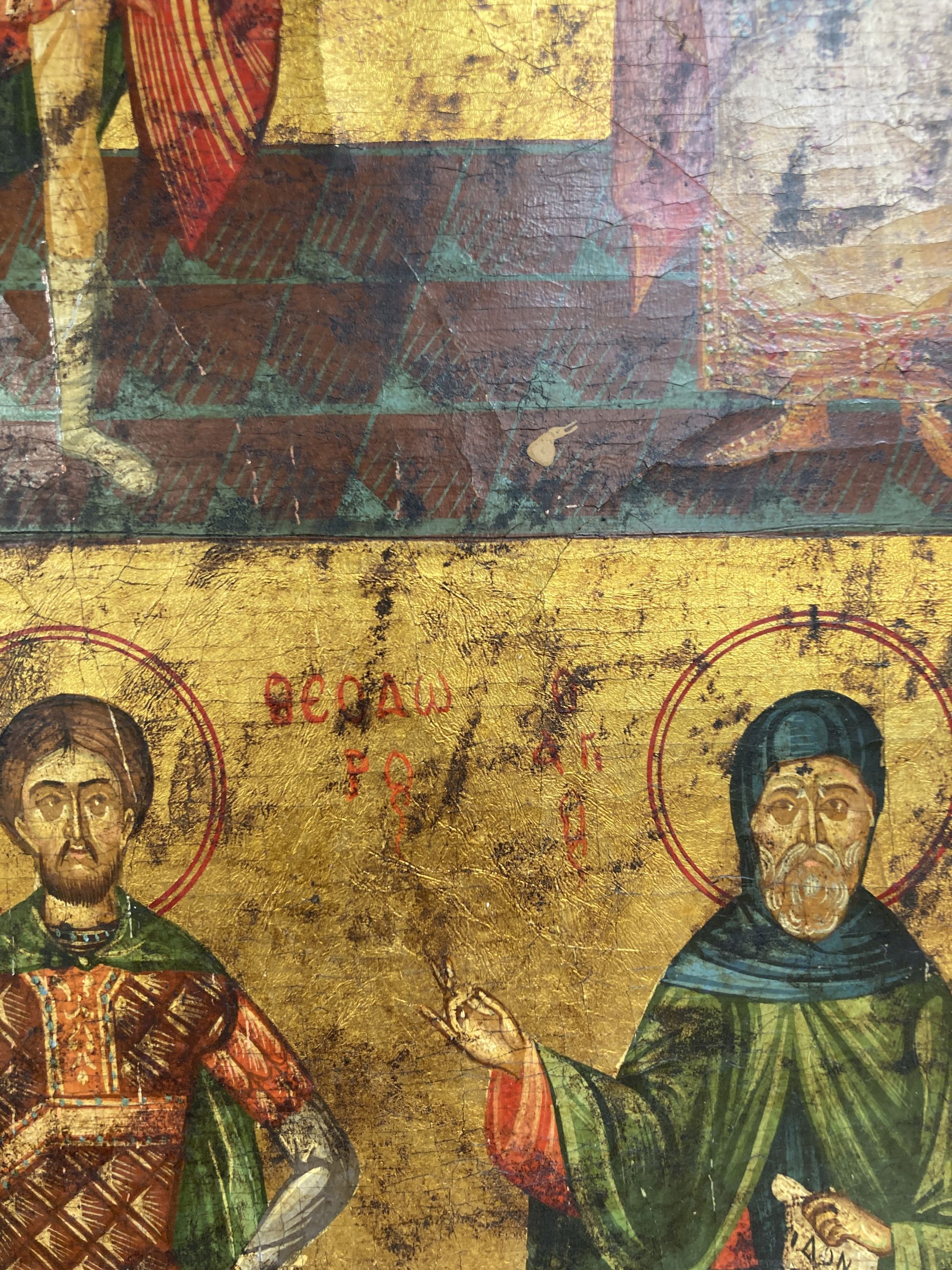 A late 19th century tempera on icon depicting six Saints, 47 x 35.5cm